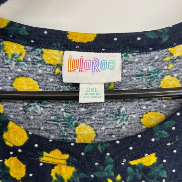 LuLaRoe Size 2XL Midi Dress Navy Blue Yellow Rose Floral Polka Dot Belt Short Sl - Picture 4 of 10